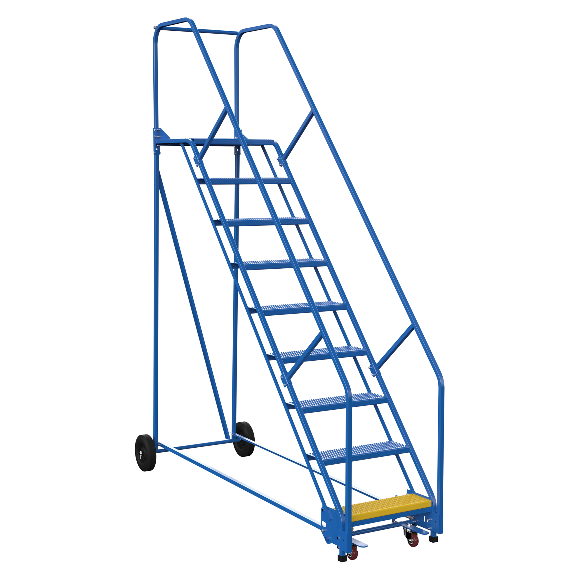 Vestil Steel Rolling Warehouse Ladder — 9 Steps, 23-9/16in. Step Width, 350-Lb. Capacity, 50° Climb Angle, Perforated Treads, Blue, Model# LAD-9-21-P-EZ